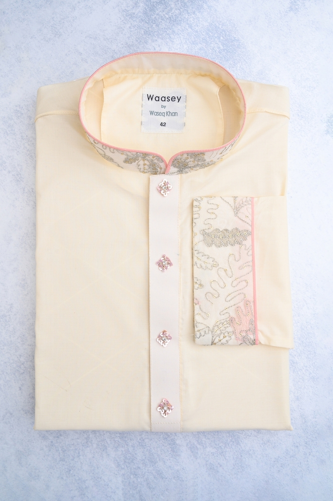 Cream Pink Embroidery Panjabi